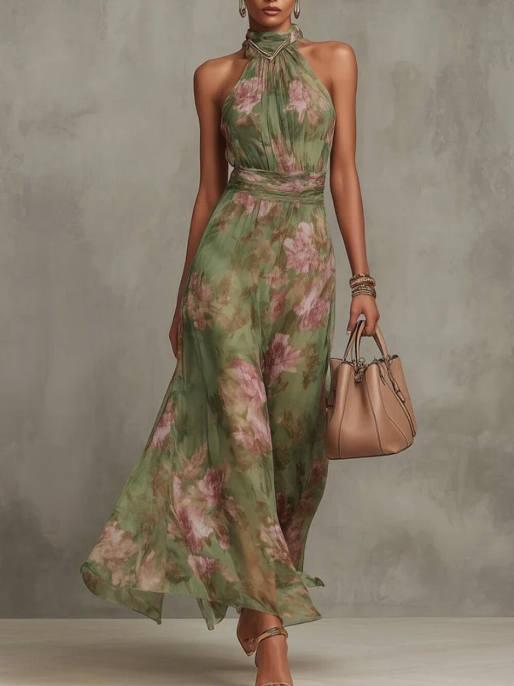Maxi Chiffon Dress with Halter Neck and Floral Print